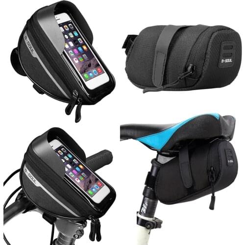 B-SOUL 2pcs Bicycle Head Tube Handlebar Bag Mountain Road Bike Front Tail Rear Saddle Cycling Mobile Phone Pouch Case Holder Set