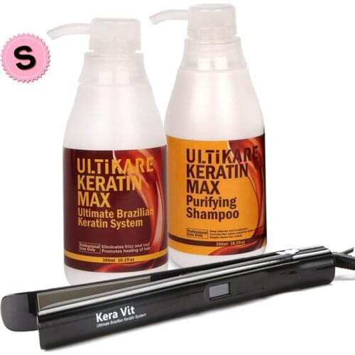 Hair Repair Brazilian Keratin Straight Hair Treatment 8% Formalin+Purifying Shampoo Repair Damaged Dry Hair+Hair Flat Iron Set