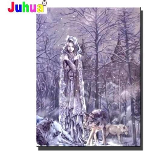 Photo Custom diy diamond embroidery Fantasy art,Snow Wolf woman, diamond painting full square round drill diamond mosaic art B11