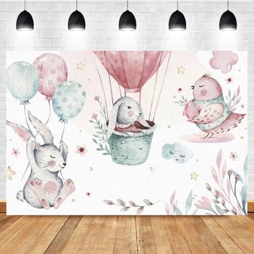 Laeacco Baby Birthday Photophone Balloons Rabbits Leaves Stars Newborn Photography Backgrounds Photo Backdrops For Photo Studio