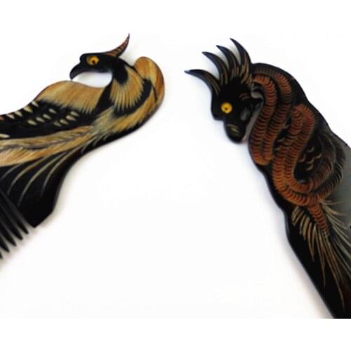 Haircomb Massager Comb Brushes Good Gift for Lovers Dragon Phoenix Design Natural Black Horns Head Pain Relief Massage Brush 2pc