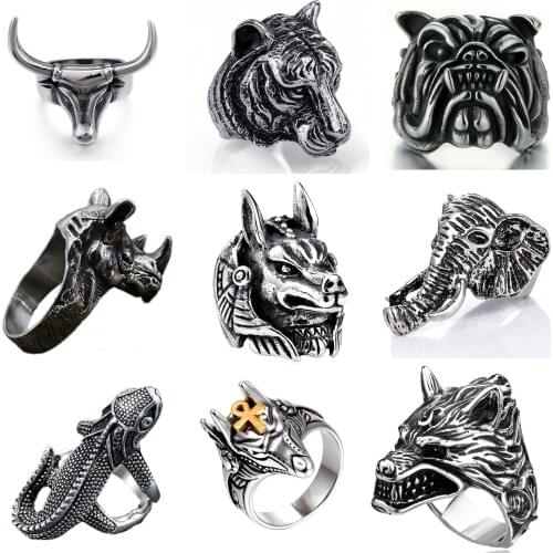 Ring For Men Gothic Punk Retro Male Ring Adjusta Exaggeration Ferocious Snake Wolf Lion Tiger Bulldog Exquisite Alloy