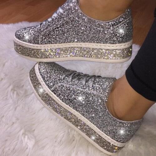 New Women Glitter Flat Sneakers Casual Female Mesh Lace Up Bling Platform Comfortable Plus Size Vulcanized Shoes Knitting