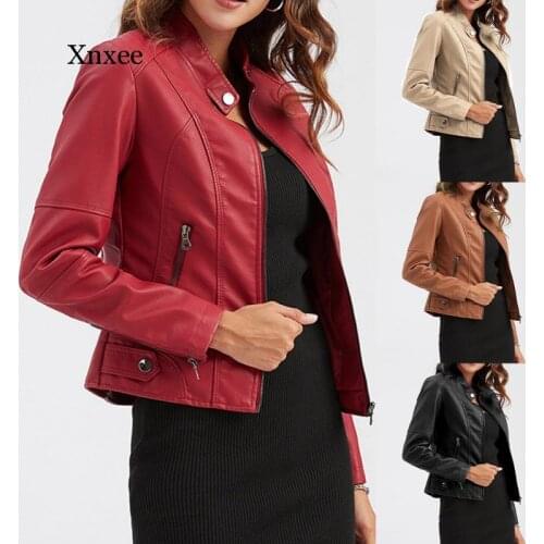 2020 Women Pu Leather Jacket Women Autumn Winter Office Lady Solid Color Stand Collar Coat Slim Zipper Outwear Fall Jacket