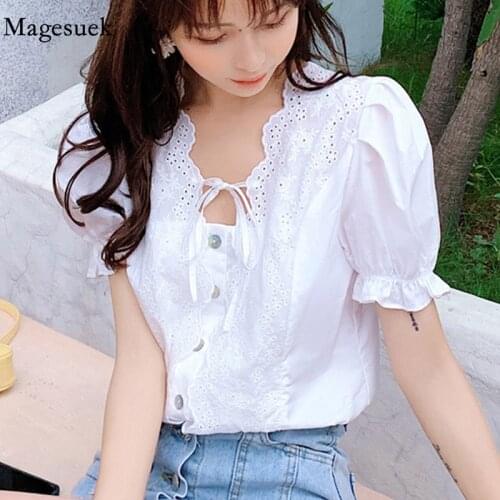 Fashion Lace-up Casual Shirt Summer Hollow Square Collar Sweet Backless Top Puff Short Sleeve White Blouse Women Blusas 10046