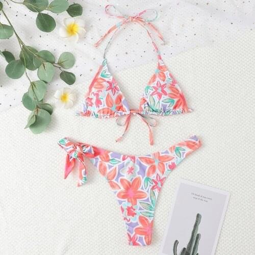 MYTENG Retro Flower Print Bikini Set Summer Triangle Push Up Bathing Suit Swimwear Women Beachwear Halter Swimsuit New Biqiuni