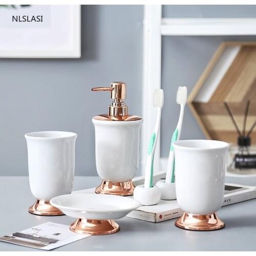 Nordic Solid Color White Ceramic Bathroom Supplies Set Lotion Bottle Toothbrush Barrel Soap Box Mouth Cup Decor Accessories