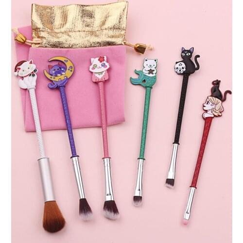 6 Pcs Cat Makeup Brush Set Eyeshadow Brush Lip Brush Portable Makeup Tool Set Cartoon Makeup Brush Girl Gift