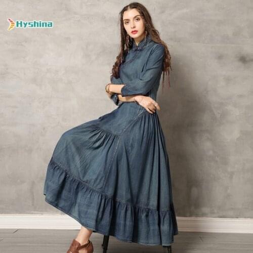 New Button Cheongsam Dress Denim Skirt Retro Ruffle Slim Dress
