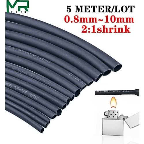 5 METER/LOT 2:1 Black 0.8mm~10mm Polyolefin Cable Sleeves Electronic component DIY Connector Repair heat shrink tube