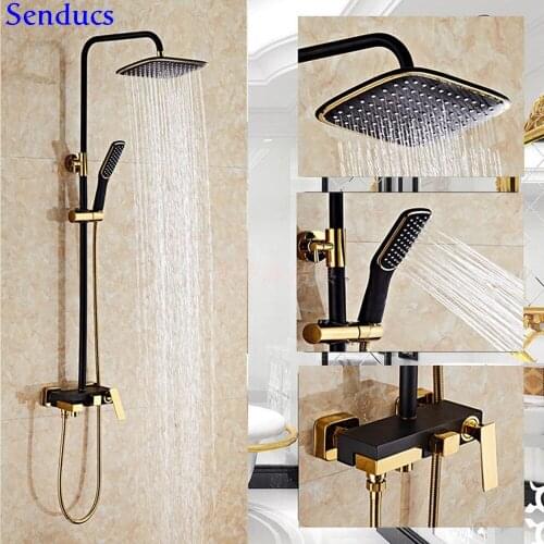 Senducs Black Gold Shower System Luxury European Bathroom Black Shower Set Cheap Price Rainfall Bath Black Gold Shower System