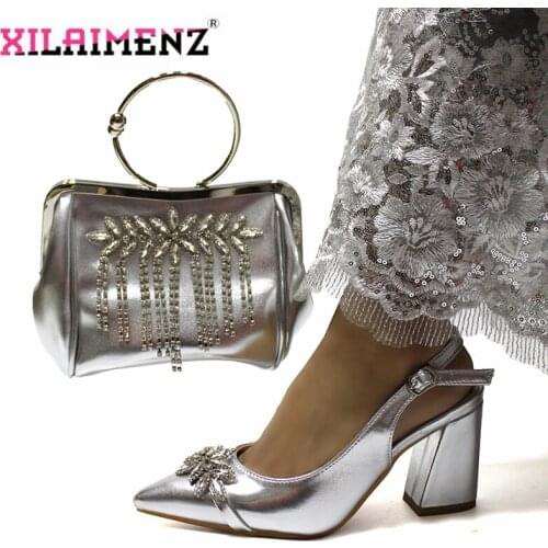 Silver Color Italian Lady Shoes and Bag Set High Quality Nigerian Women Shoes Matching Bag Set with Shinning Crystal for Party