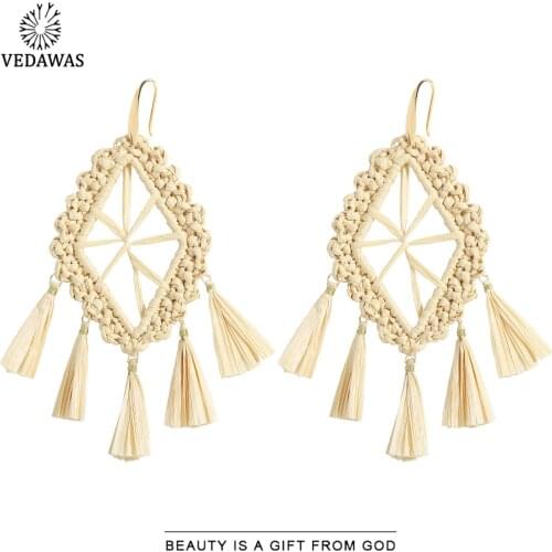 Vedawas Fashion Colorful Square Raffia Earrings for Women Boho Weave Handmade Fringed Tassel Earrings Jewelry Wedding Party Gift