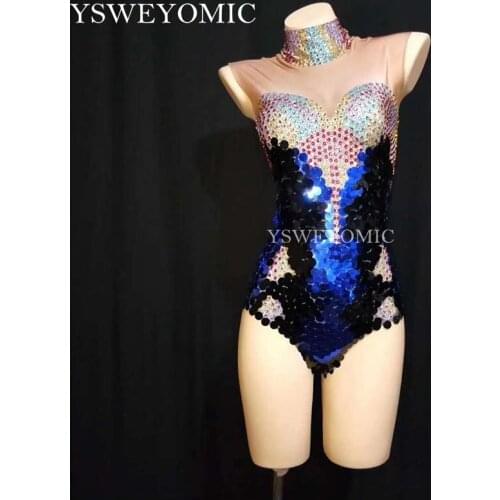 Blue Glitter Shiny Bodysuit sleeveless Jumpsuit Birthday Party Celebrate Women Dance Bodysuit Leggings Outfit