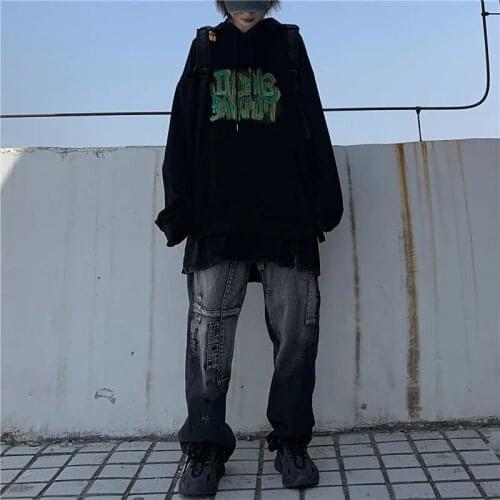 Y2K street Korean version of Harajuku hooded pullover top for men and women Park dark graffiti sweater loose long-sleeved warm