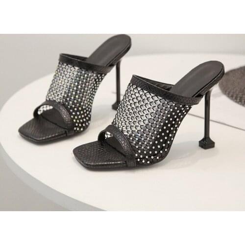 Sandals women 2020 Europe summer new fashion sandals high heels rhinestone half slippers fish mouth fine heel womens shoes