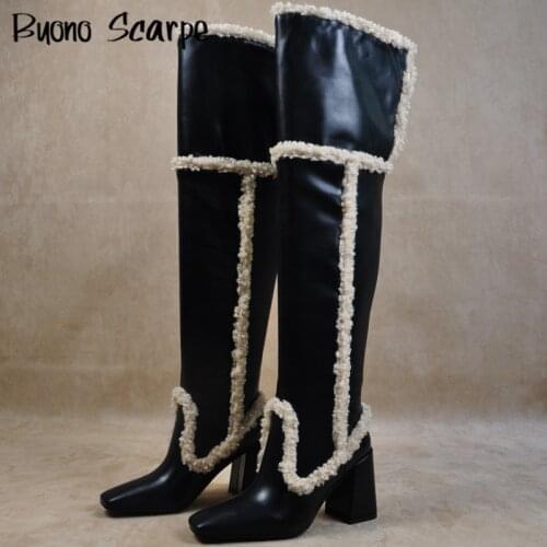 New Hot Fashion Sexy Plush Knight Boots Women Handmade Genuine Leather Square Toe Long Boots Slip-on High Heel 8cm Female Shoes