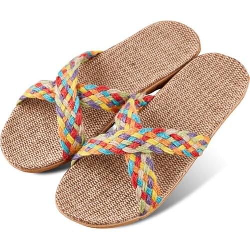 Womens Crossing Linen Slippers Summer New Home Slides Fashion Flax Flip Flops Female Breathable Hemp Indoor Slipper Shoes 2020