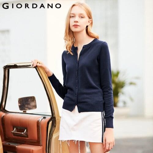 Giordano Women Cardigan Women Crewneck Combed Cotton Long-sleeve Thin Sweater Slight Stetchy Feminino Pull Femme 05359866