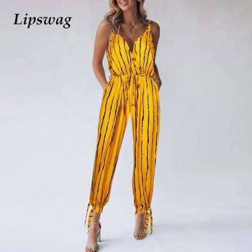 Spring Women V Neck Elastic Waist Sling Playsuit Fashion Striped Print Jumpsuit Summer Sleeveless Bandage Romper Beach Overalls