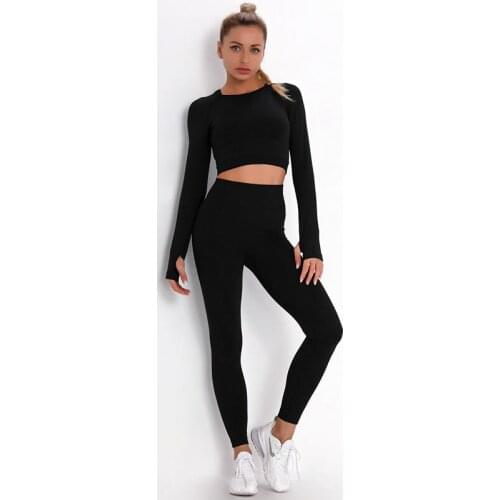 Seamless Yoga Set Women Fitness 2pcs Sport Suit Workout Clothes Gym Long Sleeve Crop Top High Waist Running Leggings Sportswear