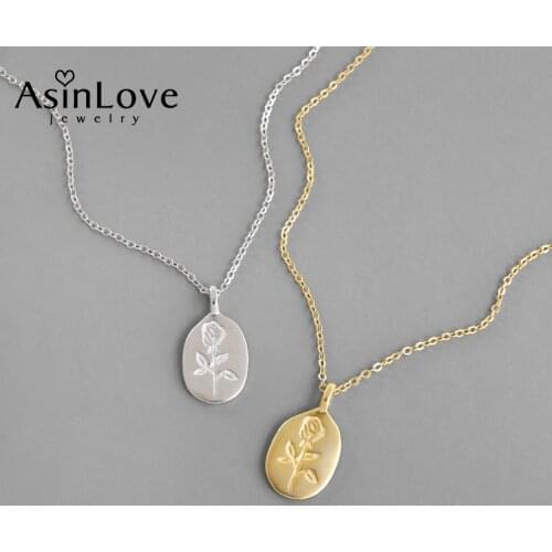 AsinLove Real 925 Sterling Silver Jewelry Personality Rose Geometric Oval Pendant Necklaces for Women Minimalist Romantic Gift