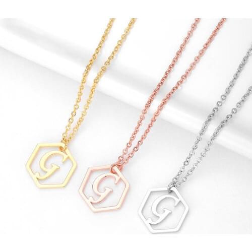 Mumuxing Personality Womens Hexagonal Geometric Necklace Custom Name Initials Hollow Minimalist Stainlesssteel Pendant Necklace