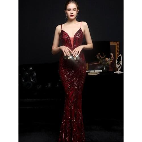 2021 New Women Strap Maxi Party Gown Sexy V Neck Sequin Prom Dress Solid color Elegant slim fit