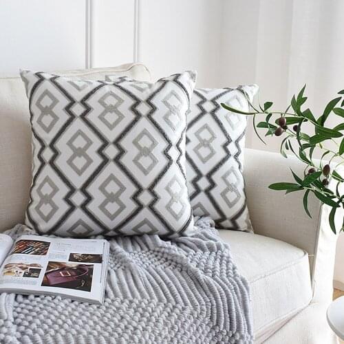 1PC Nordic Geometric Cushion Cover Emboridered Grey Canvas Cotton Embroidery Pillow Cover Sofa Car Home Decorative 45x45cm