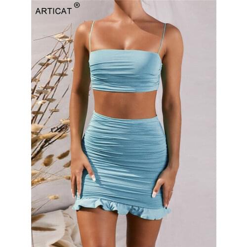 Articat Women Sexy Bodycon 2 Piece Dress Set Ruffles Spaghetti Strap Crop Top Summer Mini Skirts Suits Fashion Solid Outfits