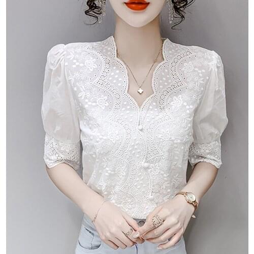 Cotton Women Blouses Fashion Embroidery Flower Short Sleeve Hollow Out V-Neck Lace Ladies Top Casual Loose Blouse Chemises Femme