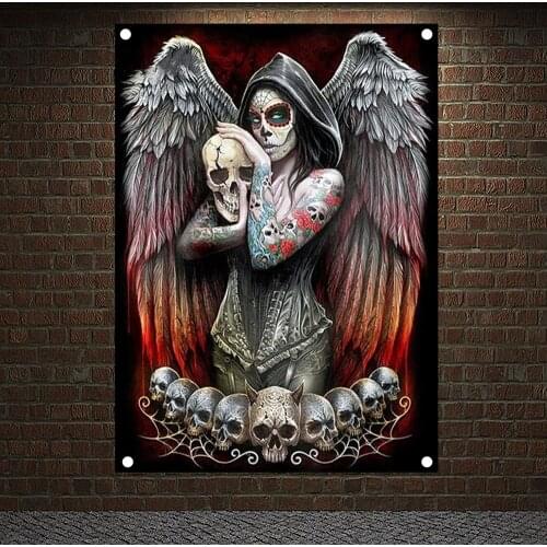 Skull angel art Banners Skull Tattoo Art Flags Canvas Painting Bar Cafe Home Decor Scary Bloody Posters Tapestry Wall Hanging