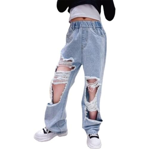 Childrens Jeans for Girls Fashion Street Photo Hole Trousers Hip-Hop Kids Clothing Teens 4-15 Years Elastic Waist Denim Pants