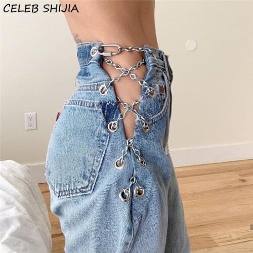 Chain Sexy Jeans Woman Streetwear High Waist Straight Leg Pants Female Denim Light Blue Pantalones 2021 Jeans Woman Clothes New