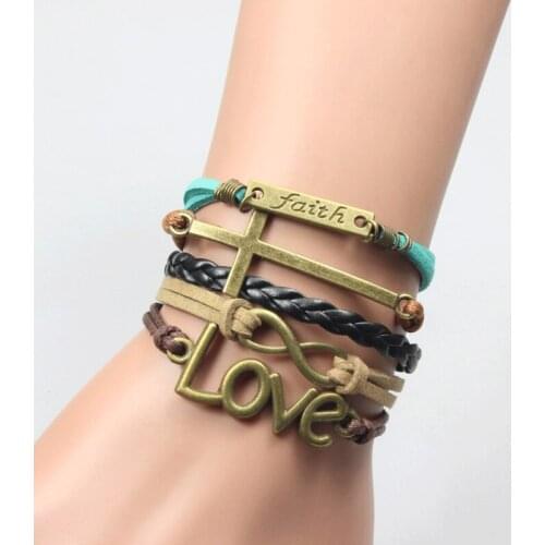 New Retro Bracelet For Women 9 Style Weave Leather Bangle Silver Gold Metal Charms Adjust Size Fashion Jewelry Pulseras Mujer