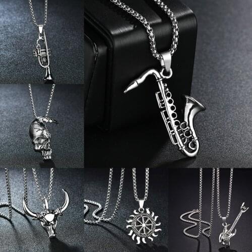 Stainless Steel Suona Rock Necklace Musical Instrument Saxophone Engraved Jewelry Snake Chain Pendant Necklaces for Men Women