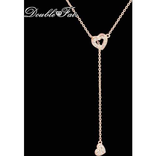 Double Fair Brand OL Style Sweet Heart Cubic Zirconia Necklaces & Pendants Rose Gold Wedding Crystal Jewelry For Women DFN159