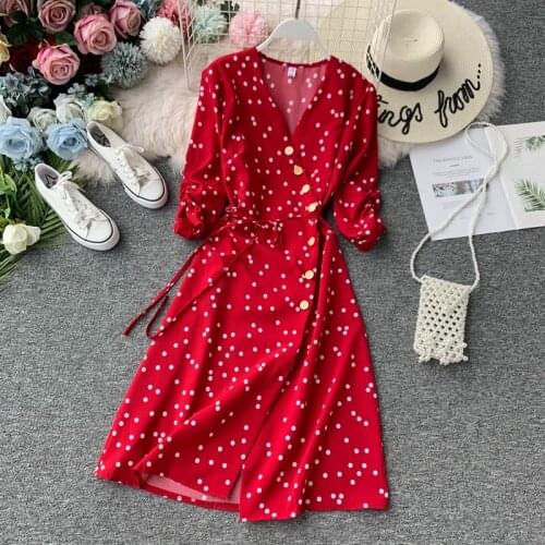 Summer Dress Women 2020 V-neck A-line Beach Long Polka Dot Chiffon Green Vestidos Verano Mujer Red Party Frocks for Women
