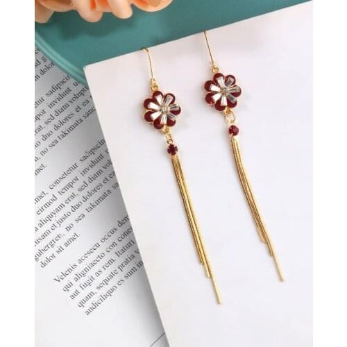 Simple Elegant Flower Tassel Earrings For Women Cute Gem Crystal Pendant Drop Ear Jewelry Fashion Accessories