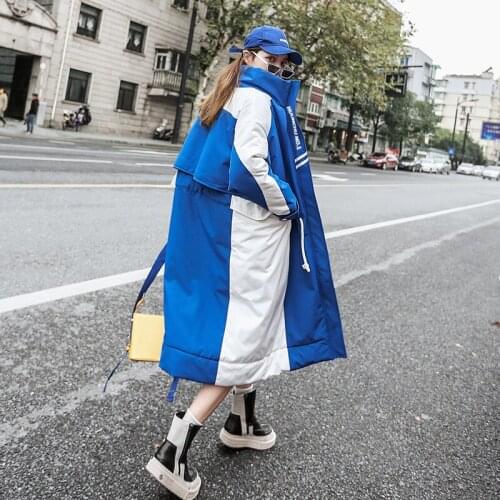 Fluffy thicker warm cotton coats Winter street style warm hit color blue cotton coat parkas female thick longer warm jacket F91