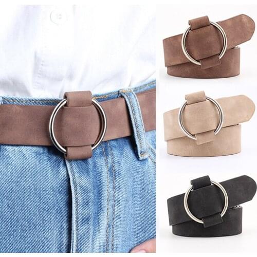 Women Belt Fashion Needle-free Metal Round Buckle Leather Belt Female Jeans Wild Waist Belt