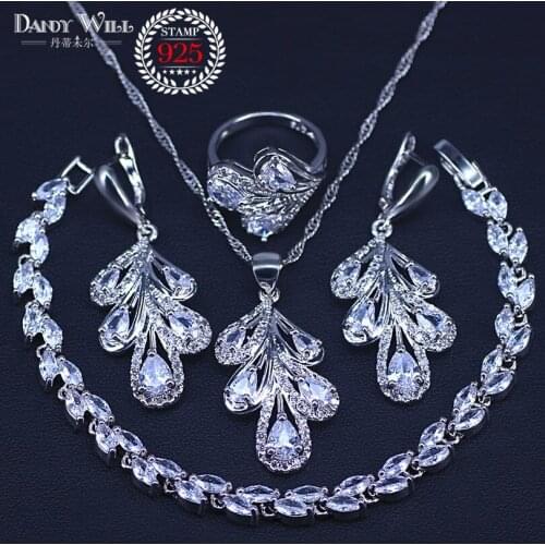 Handmade Silver Color White Zircon Crystal Big Leaf Jewelry Set For Women Ring Size 6# 7# 8# 9# 10# Free Gift Box