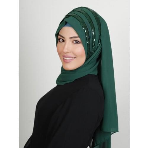 Sequined Modern Ready Hijab Green Color New fashion muslim hijab islamic 2021 hat bone scarf chiffon hijab