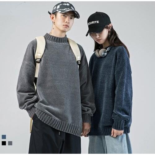 Mens Loose Knit Sweater Japanese Men and Women Fashion Trendy Collar Chenille Pullover Solid Color Sweater Couple Outfit