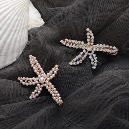 Korean Style Rhinestone and Pearl Starfish Hair Clips Hair Pins Hair Jewelry for Women Fashion Bride Wedding Accessories Gifts