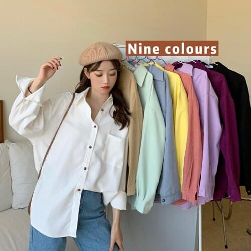 2021 New Fashion Woman Spring Corduroy Jacket Solid Shirt Single Breasted Turn Down Collar Long Sleeve Pocket Button Feminina