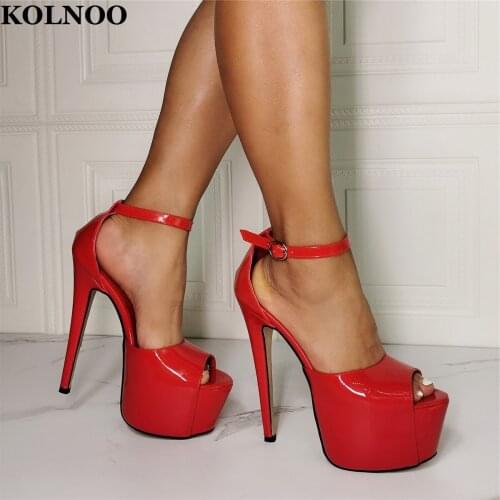 Kolnoo Hot Sale Handmade Ladies High Heels Sandals Peep-Toe Sexy Platform Buckle Strap Red Faux Leather Wedding Fashion Shoes