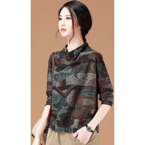 Woman Tshirts Turtleneck Print T-shirt Womens Loose Top Tops Mujer Camisetas