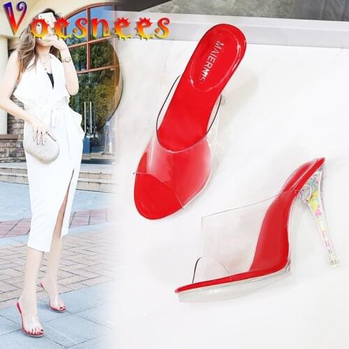 Voesnees Transparent Slippers Women 2021 Summer New Platform Super High Heels 10cm Stiletto Slides Noctilucent Walk Show Shoes