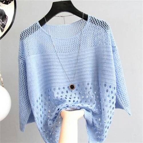 Women Spring Summer Style Knitted Sweater Pullovers Lady Casual Hollow-Out O-Neck Half Sleeve Pullovers Tops ZZ0004